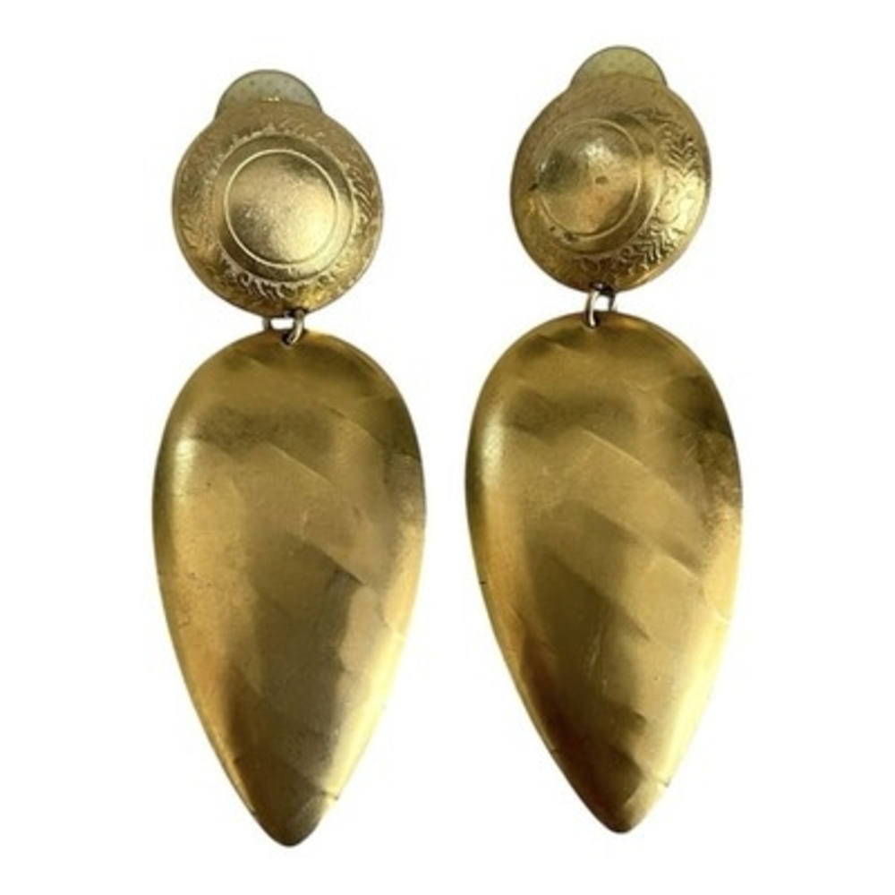 Large Matte Gold Textured Teardrop Drop Stud Earrings Retro Designer Style VG - Picture 4 of 5